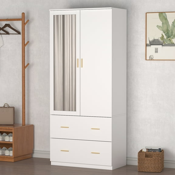 MONSLIPA Mirrored Wardrobe, Amoire Closet with 2 Drawers and Hanging Rod for Bedroom White