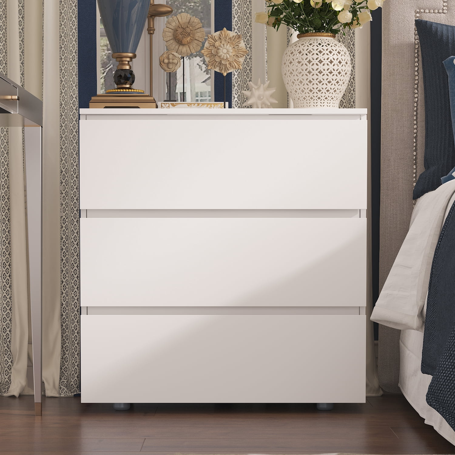 white modern 3 drawer dresser Hommpa White Dresser for Bedroom, 3 Drawers dresser for closet, Small Chests of Drawers for Adult, 30" Tall Nightstand Wood Storage Cabinet for Living