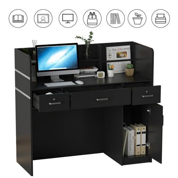 MONSLIPA Modern Office Desk Easy to Assembly Single Unit Reception Counter for Lobby, Black