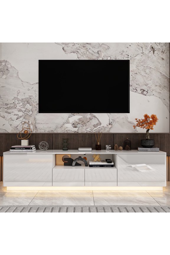 Modern TV Stand with LED Lights, Console Entertainment Center with Storage Shelves and 4 Drawers for Living Room
