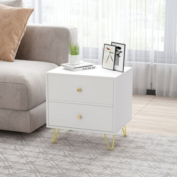 MONSLIPA Nightstand Bedside Table, Side End Table with 2 Storage Drawers, Sofa Table Night Stand with Metal Leg for Living Room Bedroom ,White