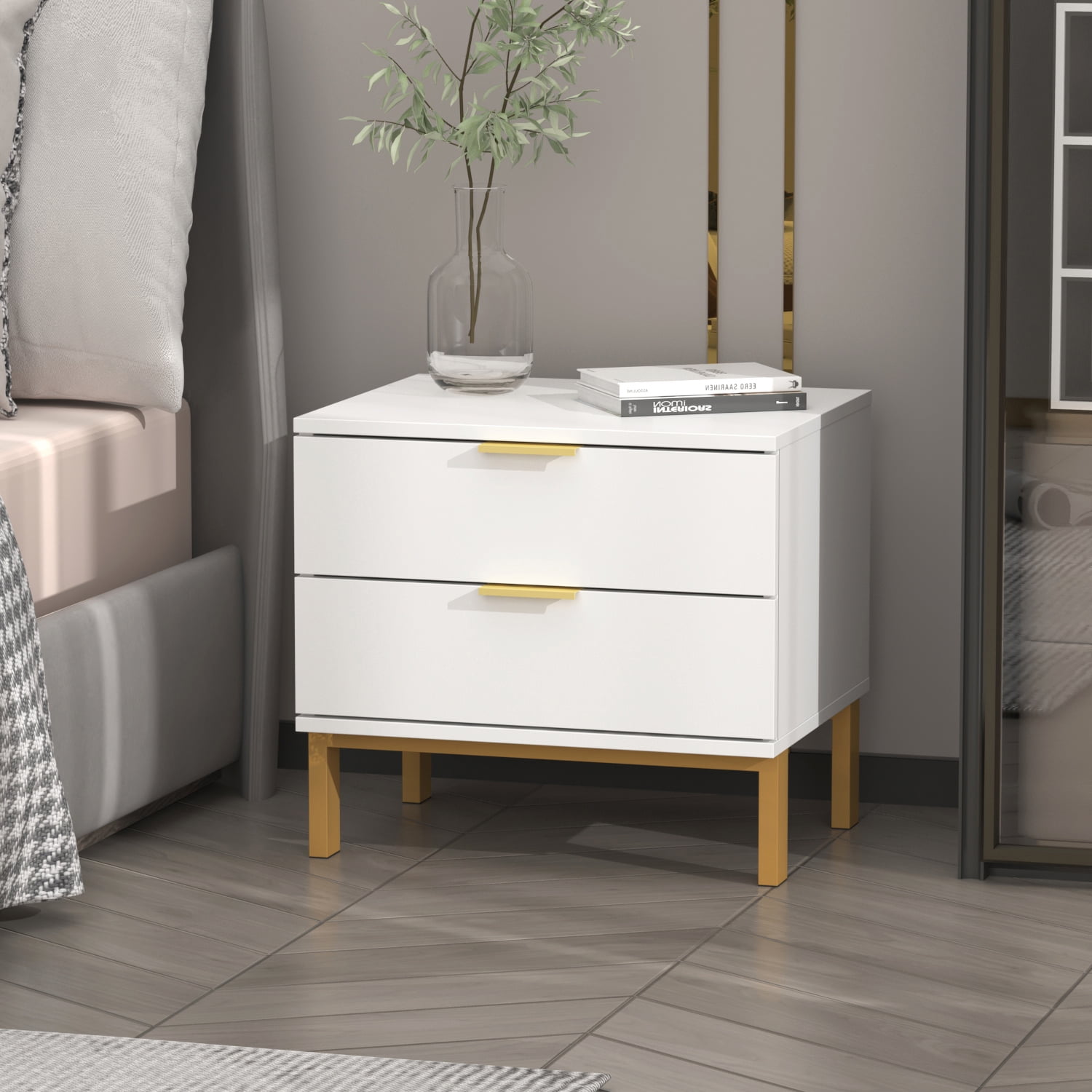 White and Yellow Modern 2-Drawer Wood Nightstand