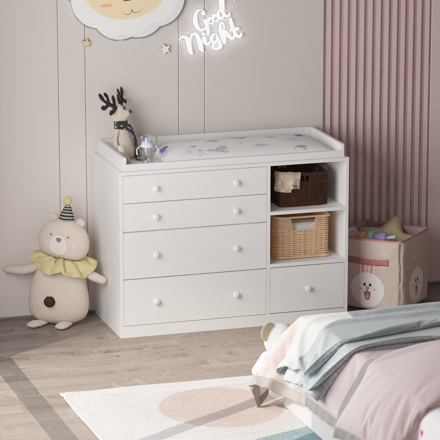 MONSLIPA White Wooden Dresser, 5-Drawer with 2 Shelves for Baby Nursery ...