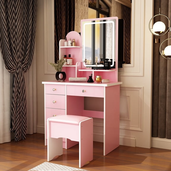 MONSLIPA Pink Finish Vanity Table Set for Girls with Lighted Mirror, 5 Drawers, Shelves, Stool