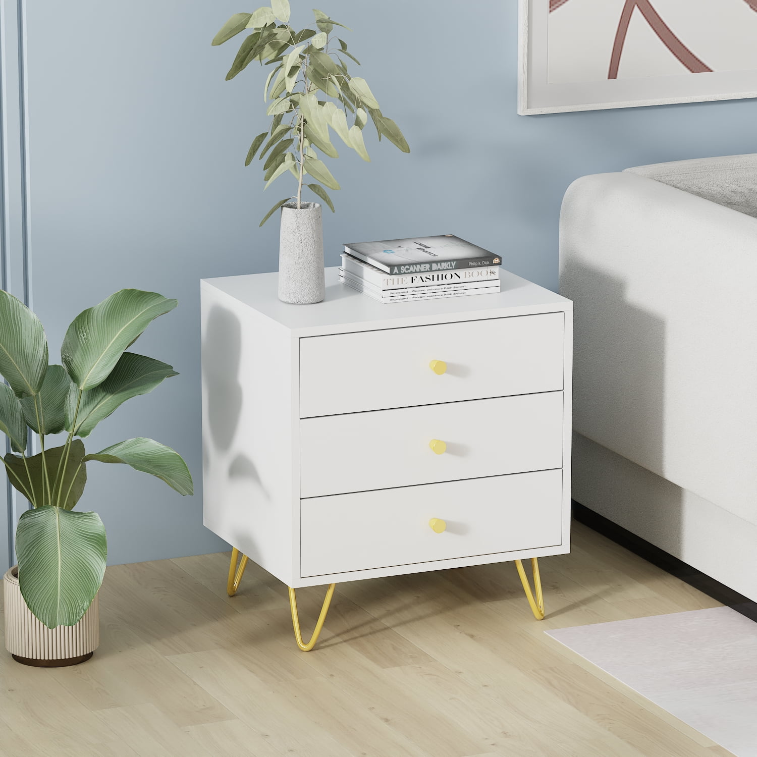 MONSLIPA Set of 2 Nightstand Bedside Table, White End Side Table with 3 ...