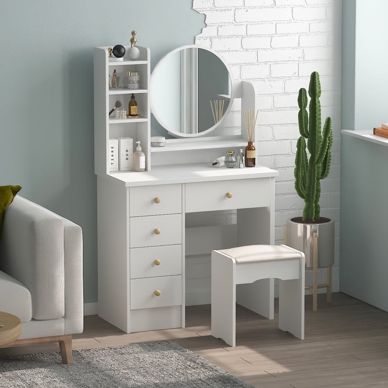 round mirror dressing table design KULAGAGA Vanity Table with Light Round Mirror, Makeup Drssing Desk with  Drawers for Bedroom Black