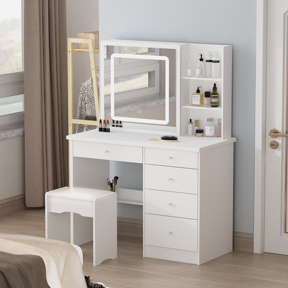 MONSLIPA Vanity Set with Sliding Light Mirror, 5 Piece, Modern, Drawers and Shelves, White