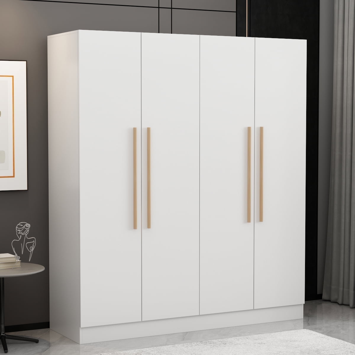 MONSLIPA Wardrobe Closet 4 Door Wooden Armoire Storage with Hanging Rods for Bedroom White