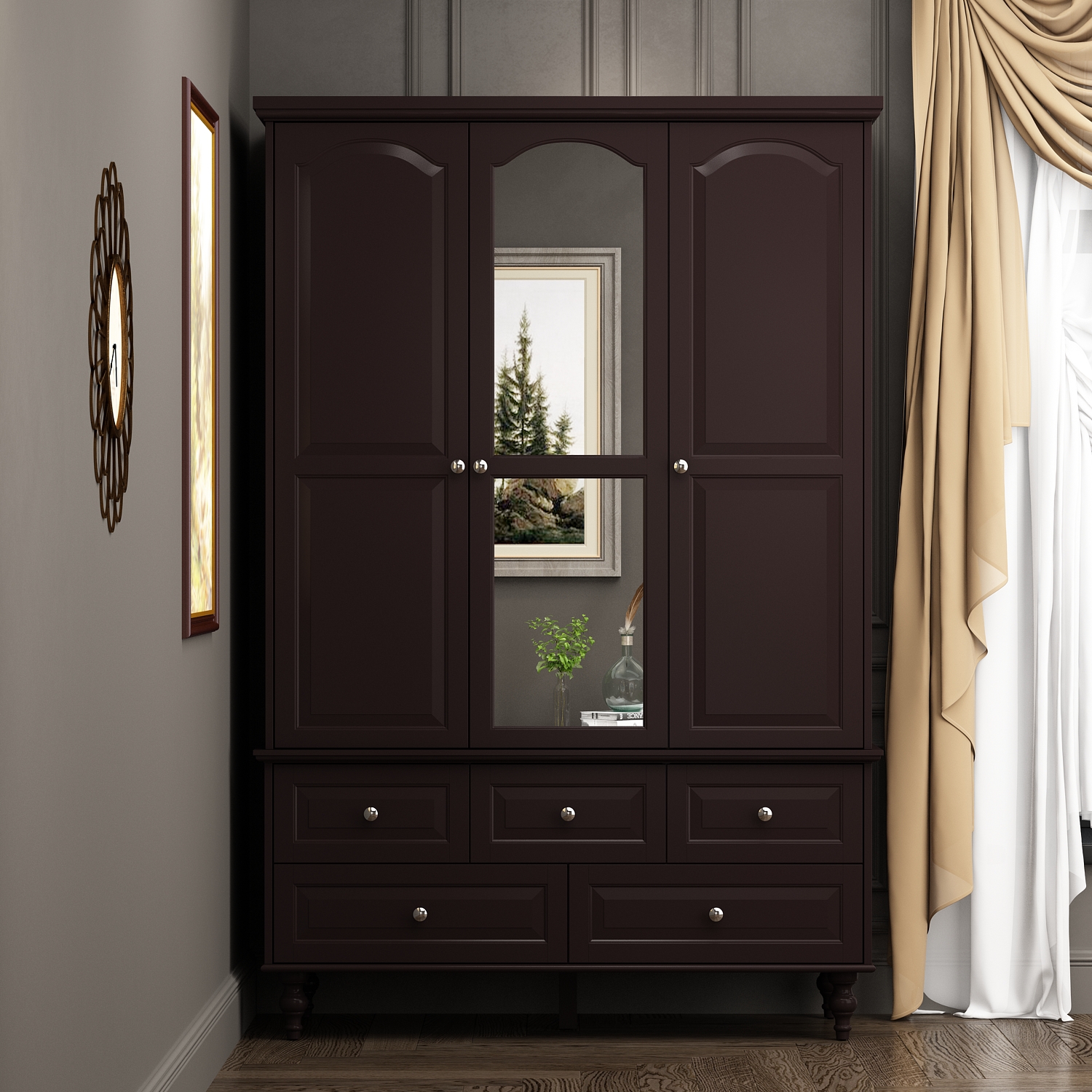 Brown Wardrobe Armoire with Drawers, Hanging Rod 4 Sliding Doors ...