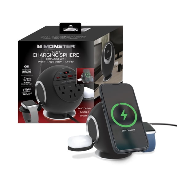 Monster 10-in-1 Charging Sphere Desktop Charging Station with Qi2 Magnetic Wireless Charging, 3 AC Outlets, 2 USB-C, 2 USB-A, Apple Watch & AirPods Charging Pads, 100W Total Output