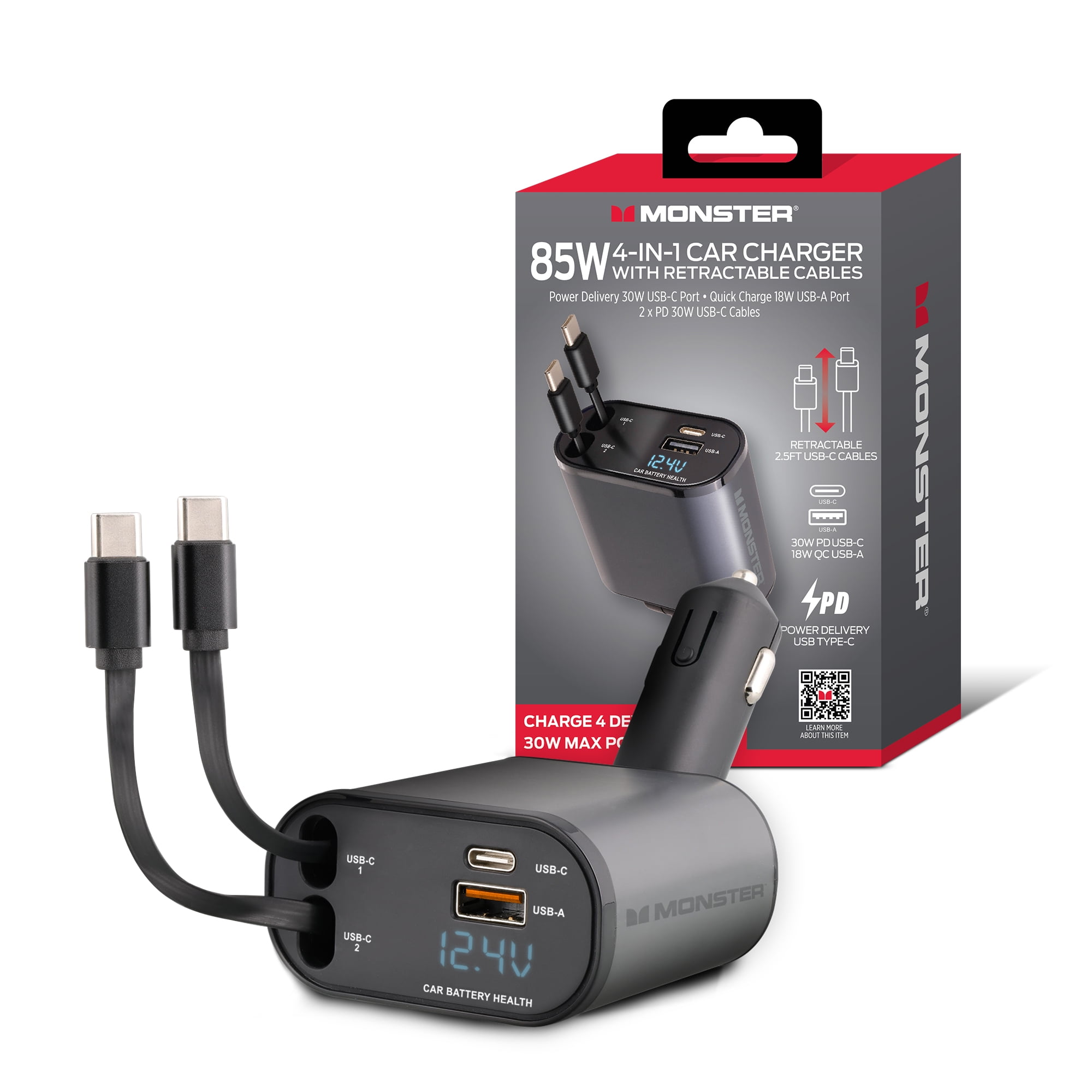 Monster 85W 4-in-1 Car Charger w/ Retractable 2.5ft USB-C Cables, 30W PD  USB-C Port, 18W QC USB-A Port, Car Battery Health Display, 180° Adjustable  