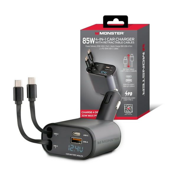 Monster 85W 4-in-1 Car Charger w/ Retractable 2.5ft USB-C Cables, 30W PD USB-C Port, 18W QC USB-A Port, Car Battery Health Display, 180° Adjustable Plug – Fast Charging for Smartphones & Tablets