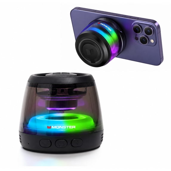 Monster Mag Flux Magnetic Bluetooth Speaker, 5W Portable Wireless Speaker with Multicolor LED Lighting, Magnetic Base & TWS Pairing, MicroSD Playback