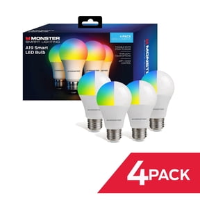 Monster Dimmable Smart LED Light Bulb A19 E26 Medium Base 4-Pack, WiFi RGB Color Changing Bulbs, 800 Lumens 60W Equivalent, Tunable White 2700K–6500K, App & Voice Control, Alexa Google Home Matter Co