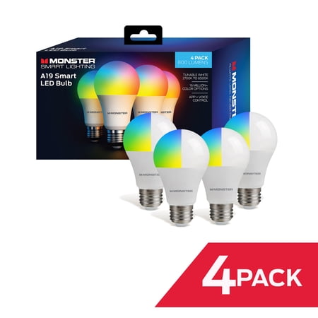 Monster Dimmable Smart LED Light Bulb A19 E26 Medium Base 4-Pack, WiFi RGB Color Changing Bulbs, 800 Lumens 60W Equivalent, Tunable White 2700K–6500K, App & Voice Control, Alexa Google Home Matter Co