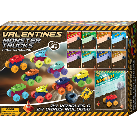 Boley Valentine Monster Trucks Mini Toy Set with Cards & Treat Bags (24-Piece Set)