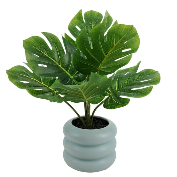 Mainstays 13.5'' Indoor Artificial Monstera with Bubble Vase, Blue Ceramic Vase, Green Monstera