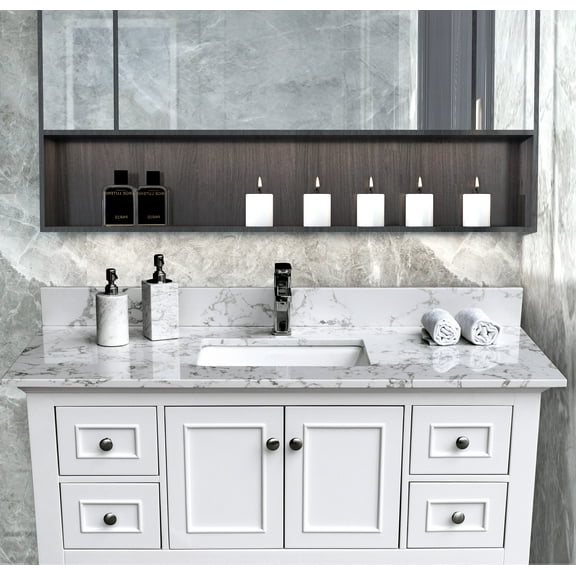 MONTARY 37 Inch Marble Vanity Top with Ceramic Sink & Backsplash, White Carrara White Engineered Stone Countertop for Bathroom Kitchen Cabinet ( ONLY VANITY TOP)