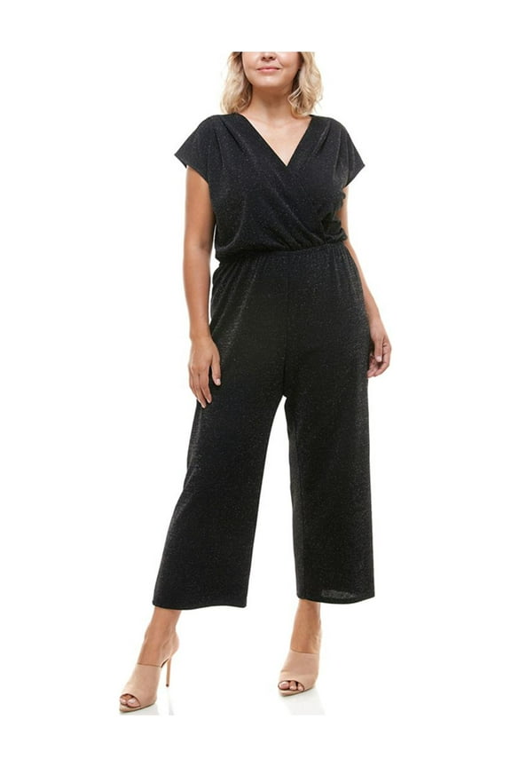 Womens Black Metallic Textured Scuba Crepe Short Sleeve V Neck Evening Wide Leg Jumpsuit Plus 3X