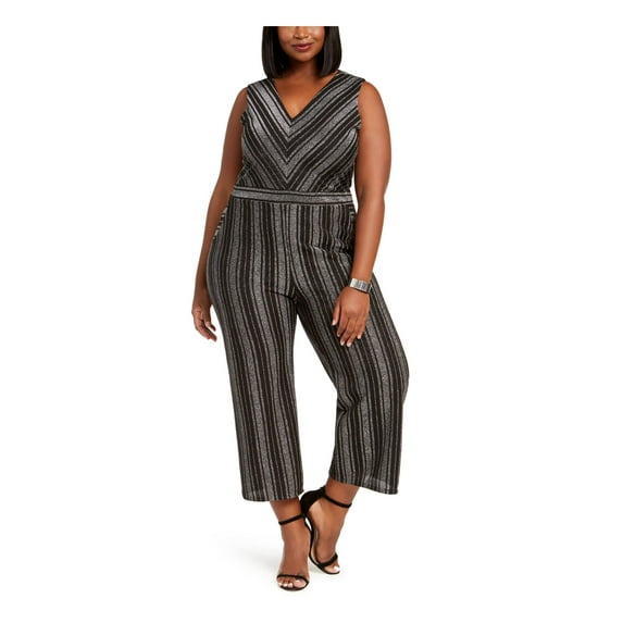 MONTEAU Womens Black Pocketed Striped Sleeveless V Neck Evening Wide Leg Jumpsuit 1X