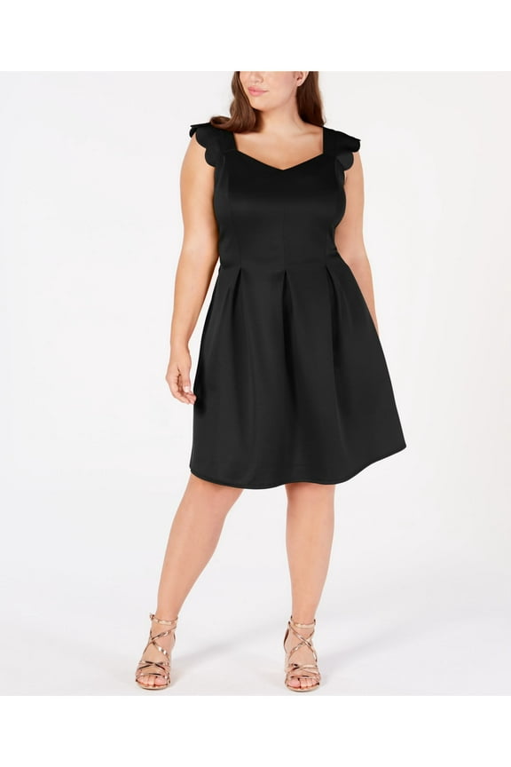 Womens Black Sleeveless Queen Anne Neckline Above The Knee Formal Fit + Flare Dress Plus 1X