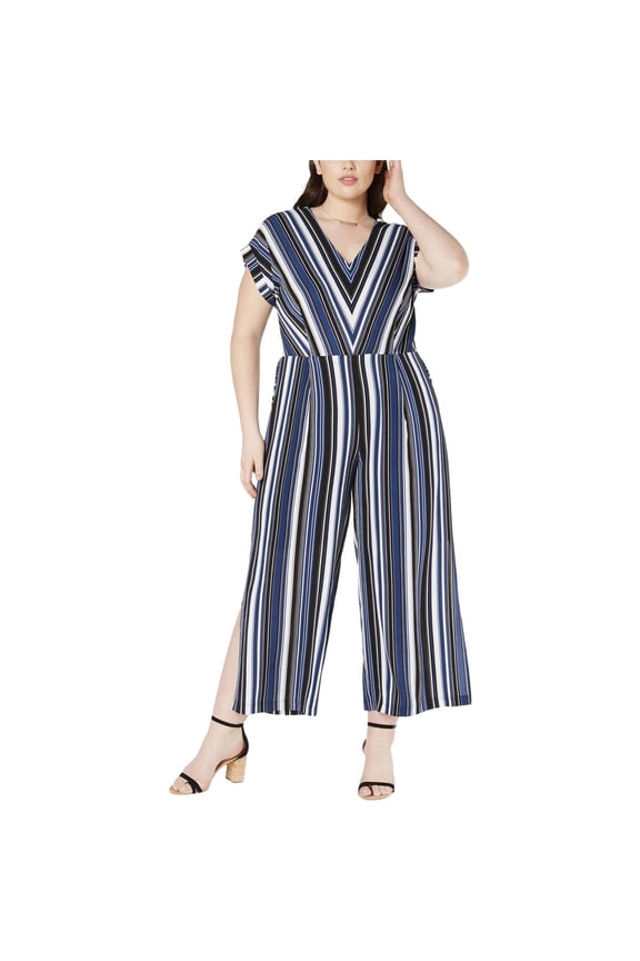 Womens Navy Striped Short Sleeve V Neck Wide Leg Jumpsuit Plus Size: 1X