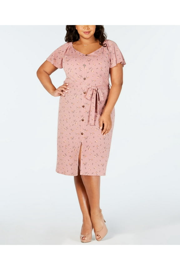 Womens Pink Floral Short Sleeve Knee Length Shirt Dress Size: 2X