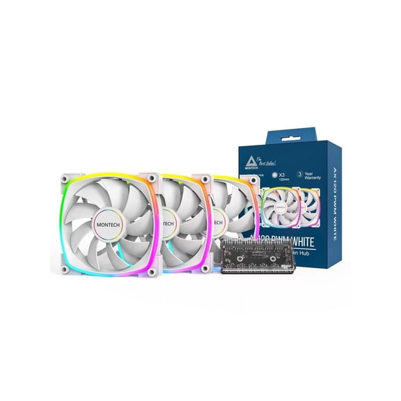 MONTECH AX 120MM - PWM Fan - Silent Performance - High Speed 1600PWM - High-End Durability with HDB Bearing - Stunning Outer Ring ARGB Lighting Design  3 in 1 Pack with 6X6 Fan Hub - White