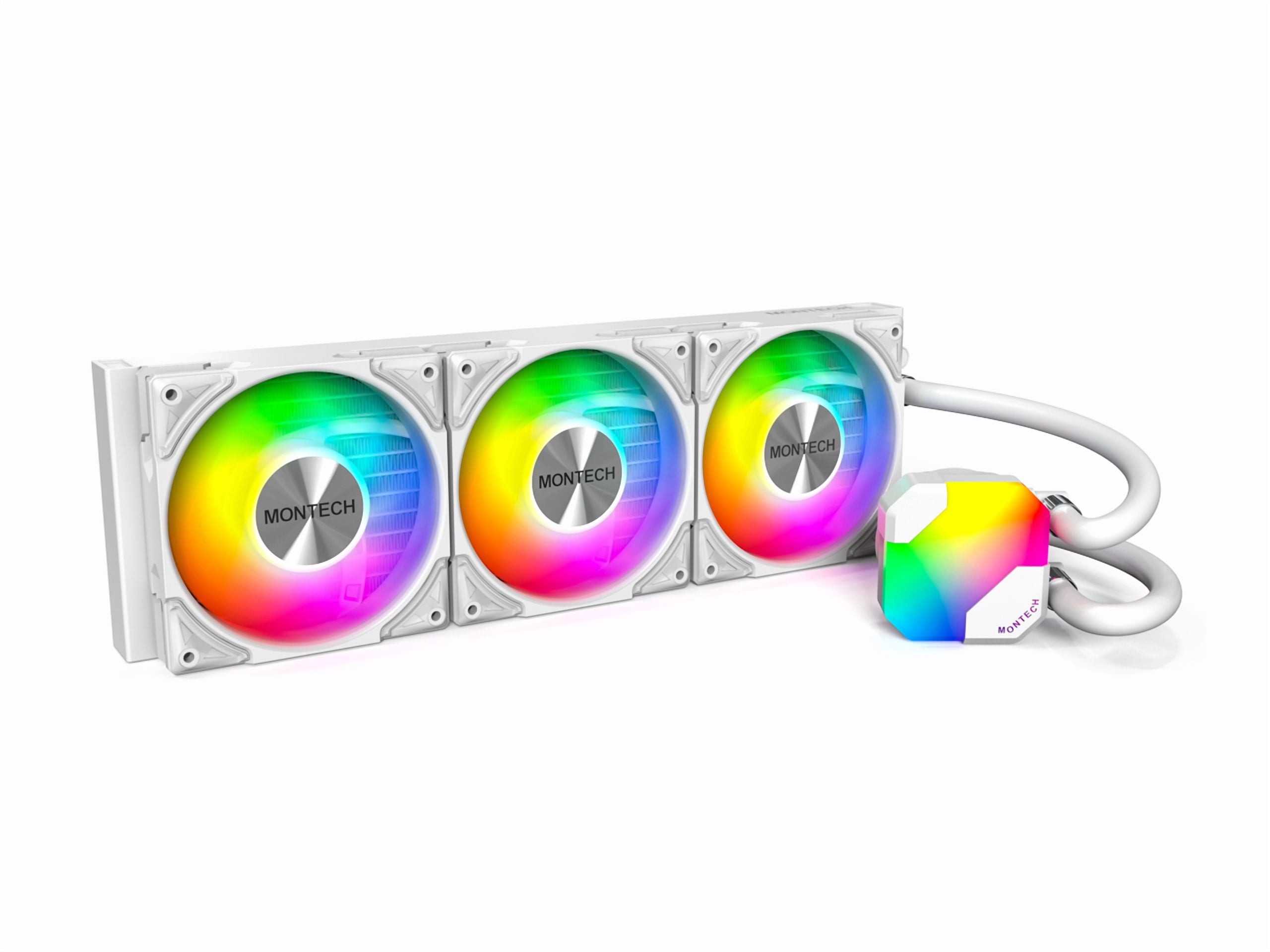 MONTECH HyperFlow ARGB 360 - AIO CPU Liquid Cooler, Intel&AMD Compatible, Chart-Topping Performance, Enhanced 3100RPM Water Pump Design, 3X Metal Pro 12 ARGB Ultimate Cooling Fans - White