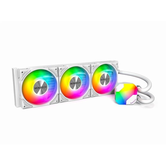 MONTECH HyperFlow ARGB 360 - AIO CPU Liquid Cooler, Intel&AMD Compatible, Chart-Topping Performance, Enhanced 3100RPM Water Pump Design, 3X Metal Pro 12 ARGB Ultimate Cooling Fans - White