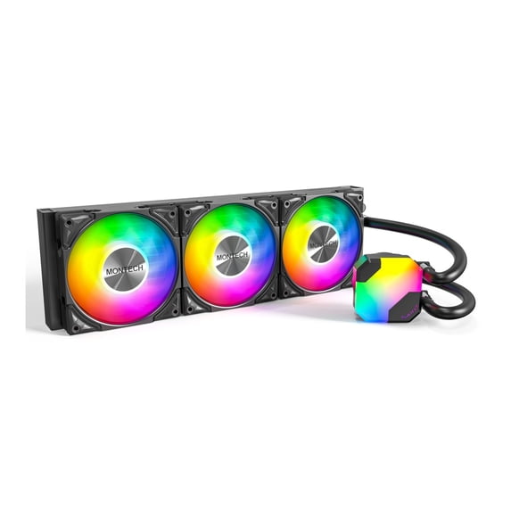 MONTECH HyperFlow ARGB 360 - AIO CPU Liquid Cooler, Supports Intel LGA 1851/1700, AMD AM5/AM4, Enhanced 3100RPM Water Pump Design, 3X Metal Pro 12 ARGB Ultimate Cooling Fans - Black