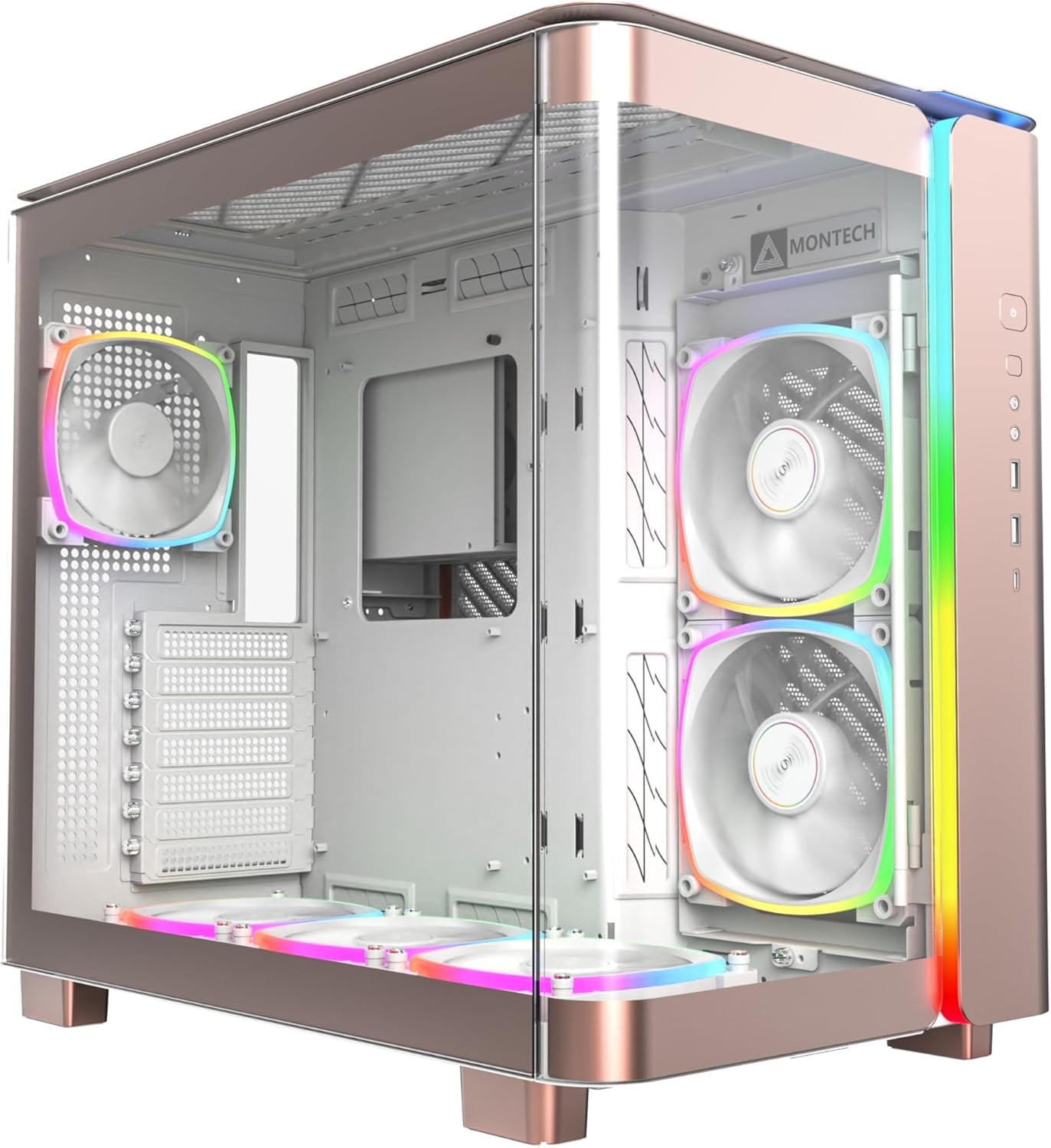 MONTECH, KING 95 PRO Dual-Chamber ATX Mid-Tower PC Gaming Case, High-Airflow, Sturdy Curved Tempered Glass Front, Pink (Rose Gold) MONTECH, KING 95 PRO Dual-Chamber ATX Mid-Tower PC Gaming Case, High-Airflow, Sturdy Curved Tempered Glass Front, Pink (Rose Gold)