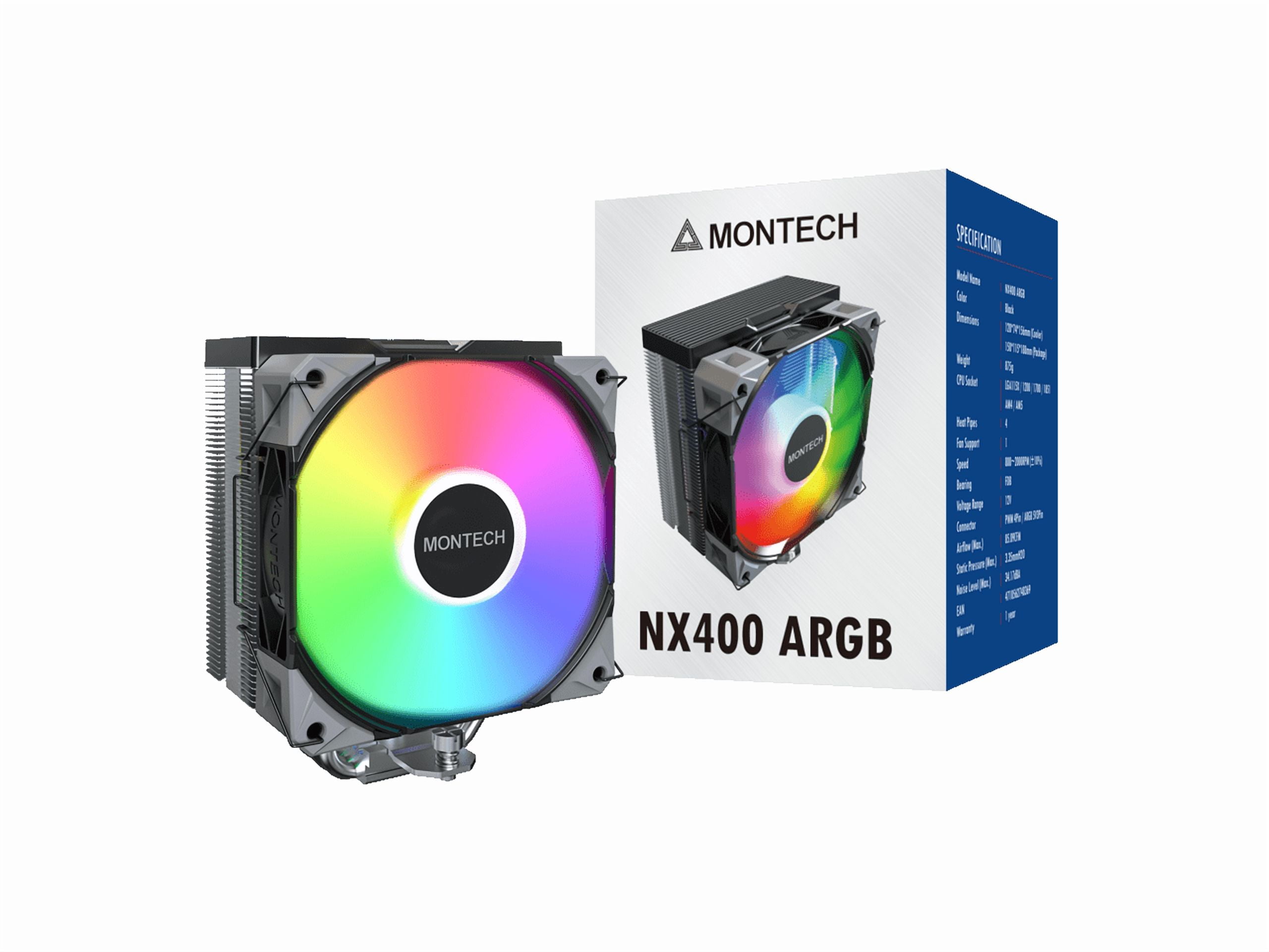 MONTECH NX400 ARGB - CPU Air Cooler, Single Tower, 4 Advanced Heat Pipes, 52-fin Heat Sink, E28, 120mm FDB Static Pressure Fan, 28mm Fan Thickness, Polished Top Cover, ARGB Lightning - Black
