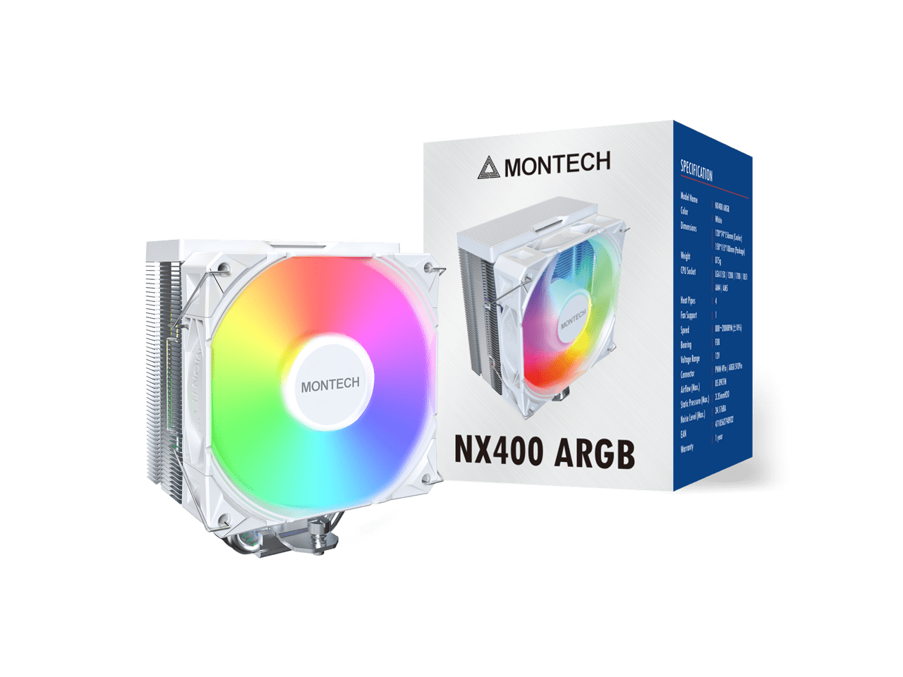 MONTECH NX400 ARGB - CPU Air Cooler, Single Tower, 4 Advanced Heat Pipes, 52-fin Heat Sink, E28, 120mm FDB Static Pressure Fan, 28mm Fan Thickness, Polished Top Cover, ARGB Lightning - White