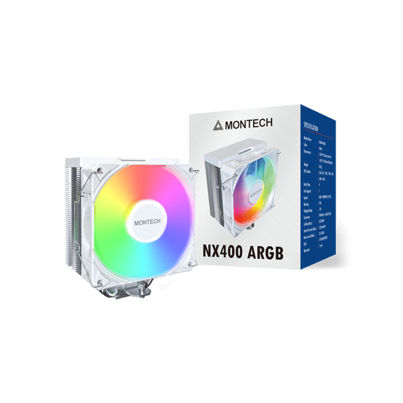 MONTECH NX400 ARGB - CPU Air Cooler, Single Tower, 4 Advanced Heat Pipes, 52-fin Heat Sink, E28, 120mm FDB Static Pressure Fan, 28mm Fan Thickness, Polished Top Cover, ARGB Lightning - White