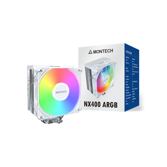 MONTECH NX400 ARGB - CPU Air Cooler, Single Tower, 4 Advanced Heat Pipes, 52-fin Heat Sink, E28, 120mm FDB Static Pressure Fan, 28mm Fan Thickness, Polished Top Cover, ARGB Lightning - White