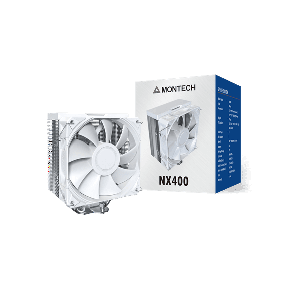 MONTECH NX400 - CPU Air Cooler, Single Tower, 4 Advanced Heat Pipes, 52-fin Heat Sink, E28, 120mm FDB Static Pressure Fan, 28mm Fan Thickness, Corner-cover Footpads, Polished Top Cover - White