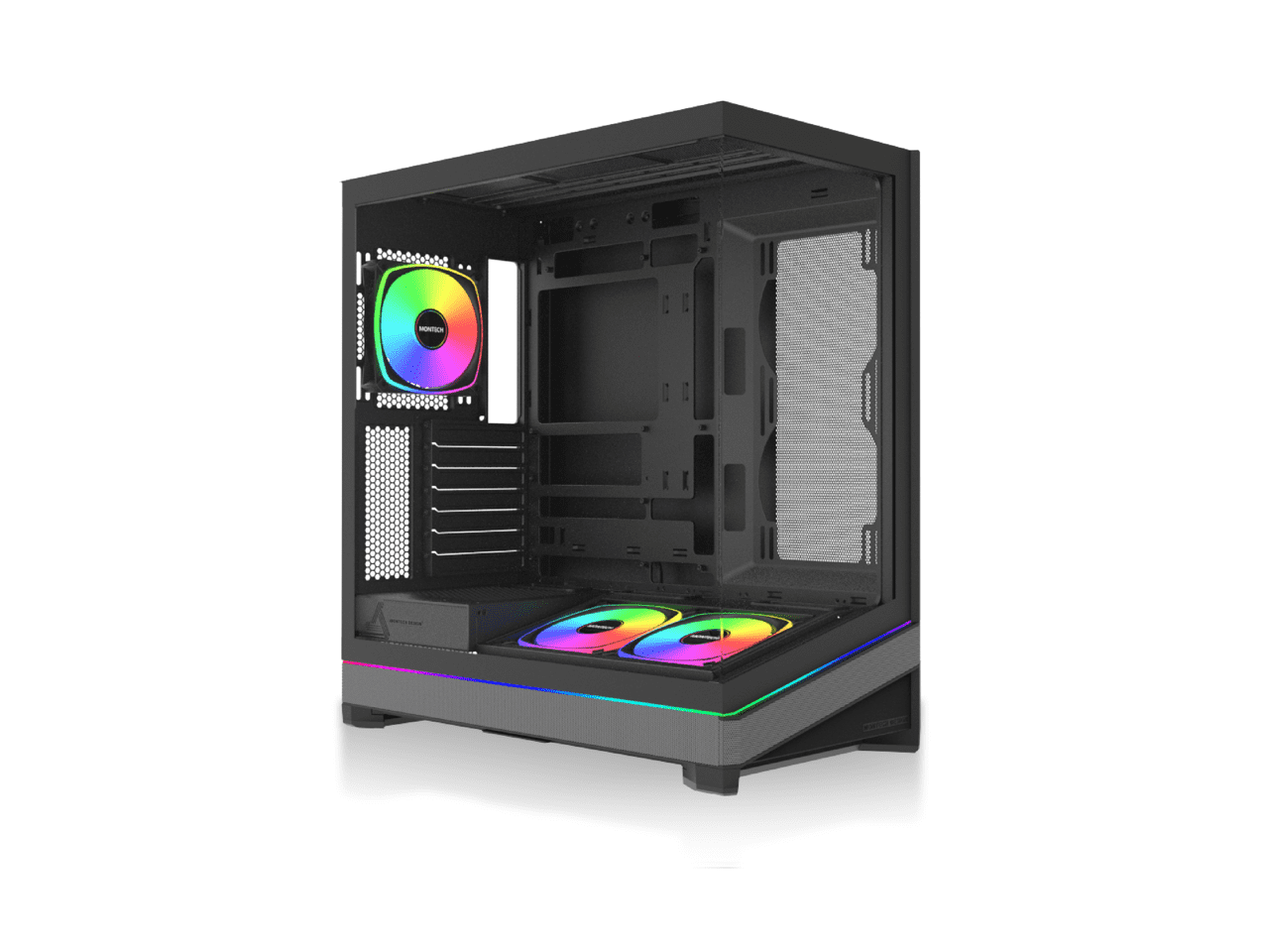 MONTECH SKY 3 ATX PC Case, Panoramic Glass, Adjustable Airflow, Personalized Design, 360mm Radiator Support, 3x120mm ARGB PWM Fans Pre-Installed, Compact Build for Next-Gen GPU, Black (SKY3B)