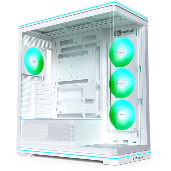 MONTECH TG3 Curved ATX PC Case with 15° Curved Glass & 4 ARGB Fans, White. Show hardware up front, back-connect ready, 430mm graphics clearance, 180mm cooler, 360mm top radiator, Type-C