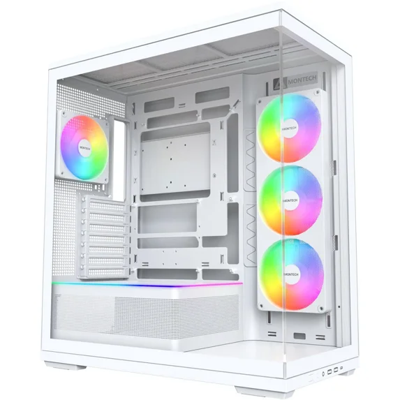 MONTECH TG3 Panoramic ATX Mid-Tower PC Case, Pre-Installed 360mm ARGB Unibody Fans & 1x120mm ARGB Fan, ARGB Strip, Supports 360mm Radiator, RTX 5090 GPUs & Back-Connect Motherboards, White