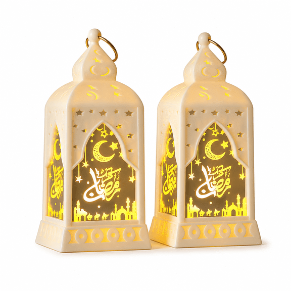 MONTERA 2 Pieces Eid Mubarak Lanterns Decoration 5.2" Height Hanging Lamp Ramadan Flameless Candle Holder with Transparent Glass Eid Mubarak Gifts Lantern for Home Tabletop Decor