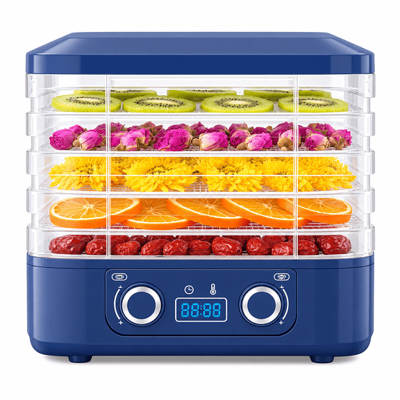 MONTERA Mini Food Dehydrator Machine for Candy & Snacks, 1-48H Timer, 35-75C Adjustable Temperature, 110V, 9.84 x 8.46 x 9.06 Inches, Blue