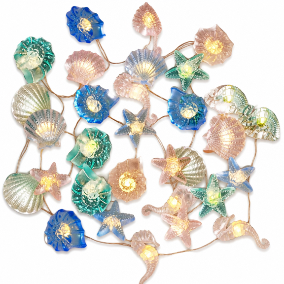MONTERA 30LEDs Ocean String Lights 10FT Seashell Seahorse Conch Starfish Lights 8 Modes Beach Fairy String Lights Battery Operated Waterproof Nautical Theme Lights for Bedroom Party Decor