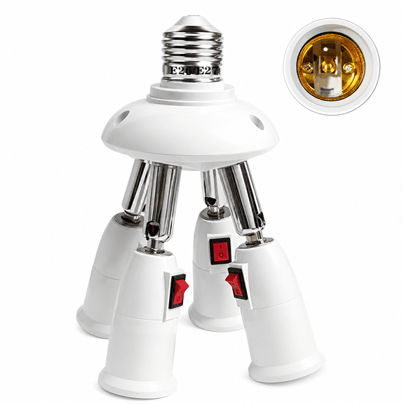 MONTERA 4-in-1 Light Socket Extender,E26/E27 to 4 Bulb Adapter with Adjustable Arms,360 Rotatable for Ceiling Fan/Lamp Holder,Extension Splitter with Power Switch (White)