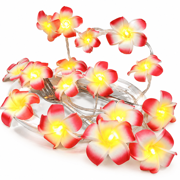 MONTERA 9.8FT 20LEDs Hawaiian Foam Artificial Red Plumeria Flower String Lights Battery Powered for Christmas Party Home Wedding Beach Decoration