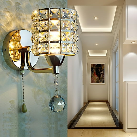 MONTERA Crystal Wall Sconce Modern LED Wall Lighting Fixture E27 Decorative Wall Mount Lamp with Pull Chain Switch for Bedroom Living Room Aisle Study Room Hallway (Single Head,Silver)