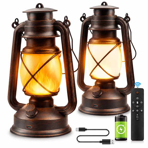 MONTERA Lantern Led Battery Powered Camping Lamp Outdoor Hanging Rechargeable Lantern Flickering Flame Retro Lanterns Remote Control 4 Modes Light Non-Solar 2 Pack