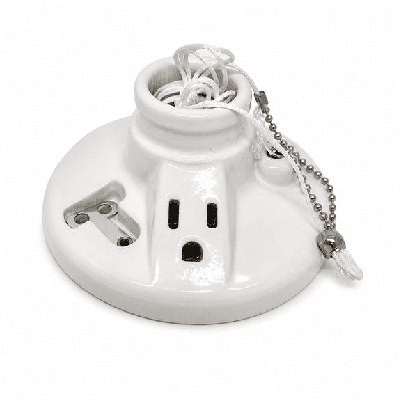 MONTERA Porcelain Light Socket with Outlet and Pull Chain Light Fixture,Grounded Plug,Indoor Lighting,Mount on 3-1/4 or 4 Box,White
