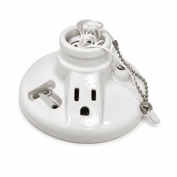 MONTERA Porcelain Light Socket with Outlet and Pull Chain Light Fixture,Light Bulb Socket,Medium Base,Grounded Plug,Indoor Lighting,Mount on 3-1/4 or 4 Box,UL Listed,White