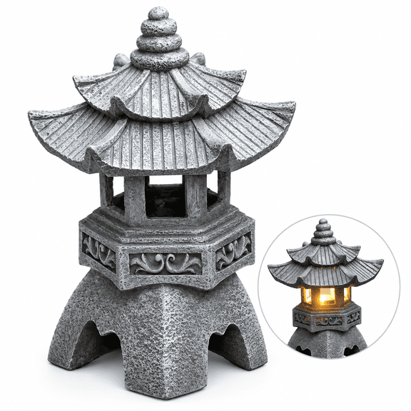 MONTERA Solar Pagoda Lantern Garden Statue LED Light Outdoor Zen Garden Lantern for Landscape Balcony Patio Porch Yard Art Decor 6.7"H Gray Stone Finish